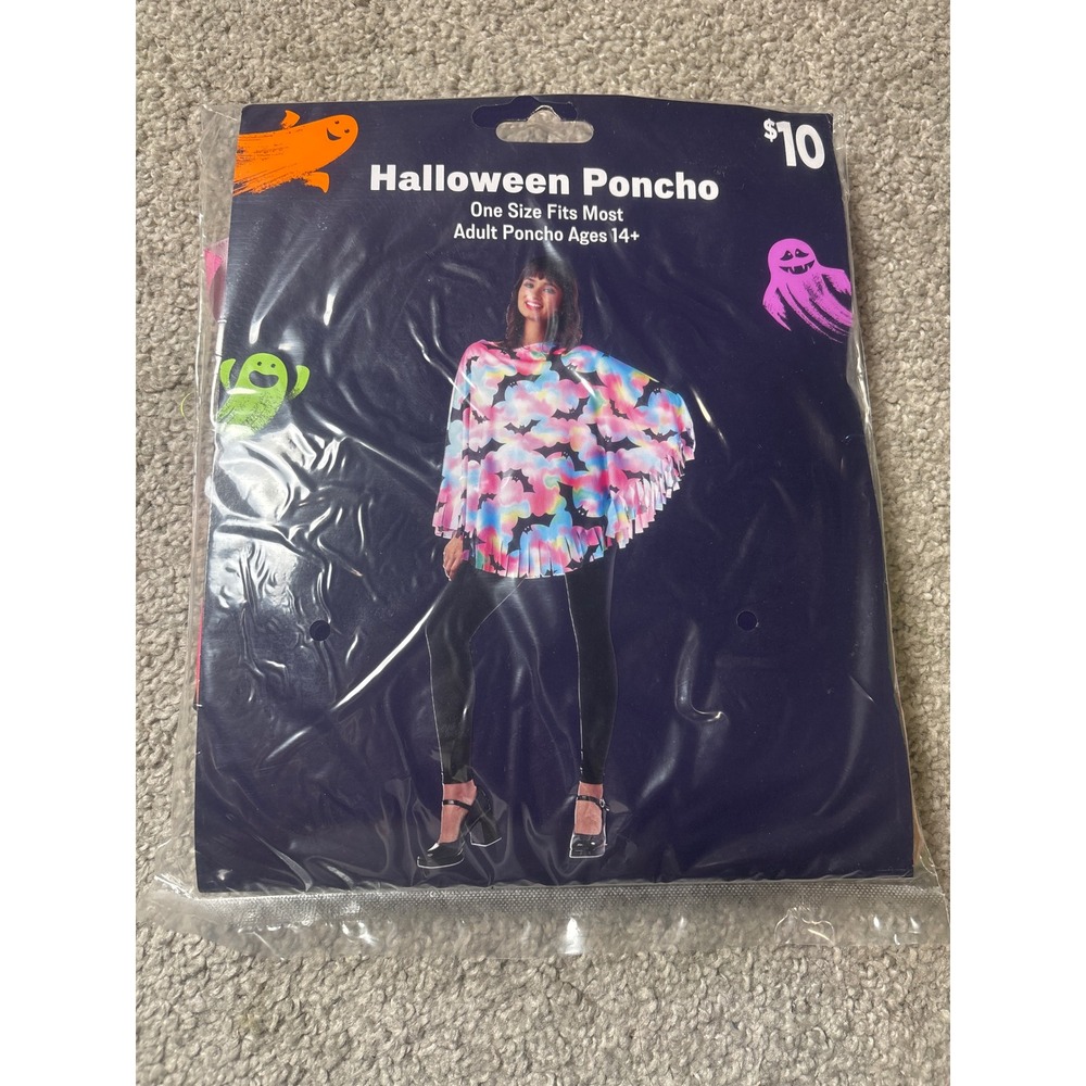 Halloween Poncho Tie Dye Bat Fringe One Size Fits Most Multicolor Adult Costume